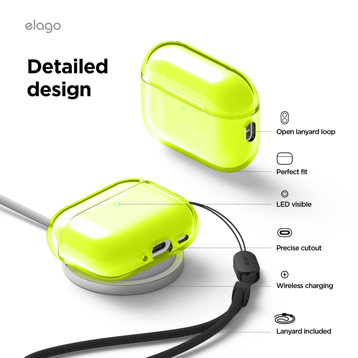 Elago AirPods Pro 3 neon-yellow case shows strap included for secure carry