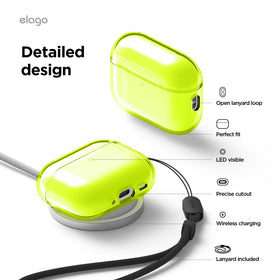 Elago AirPods Pro 3 neon-yellow case shows strap included for secure carry
