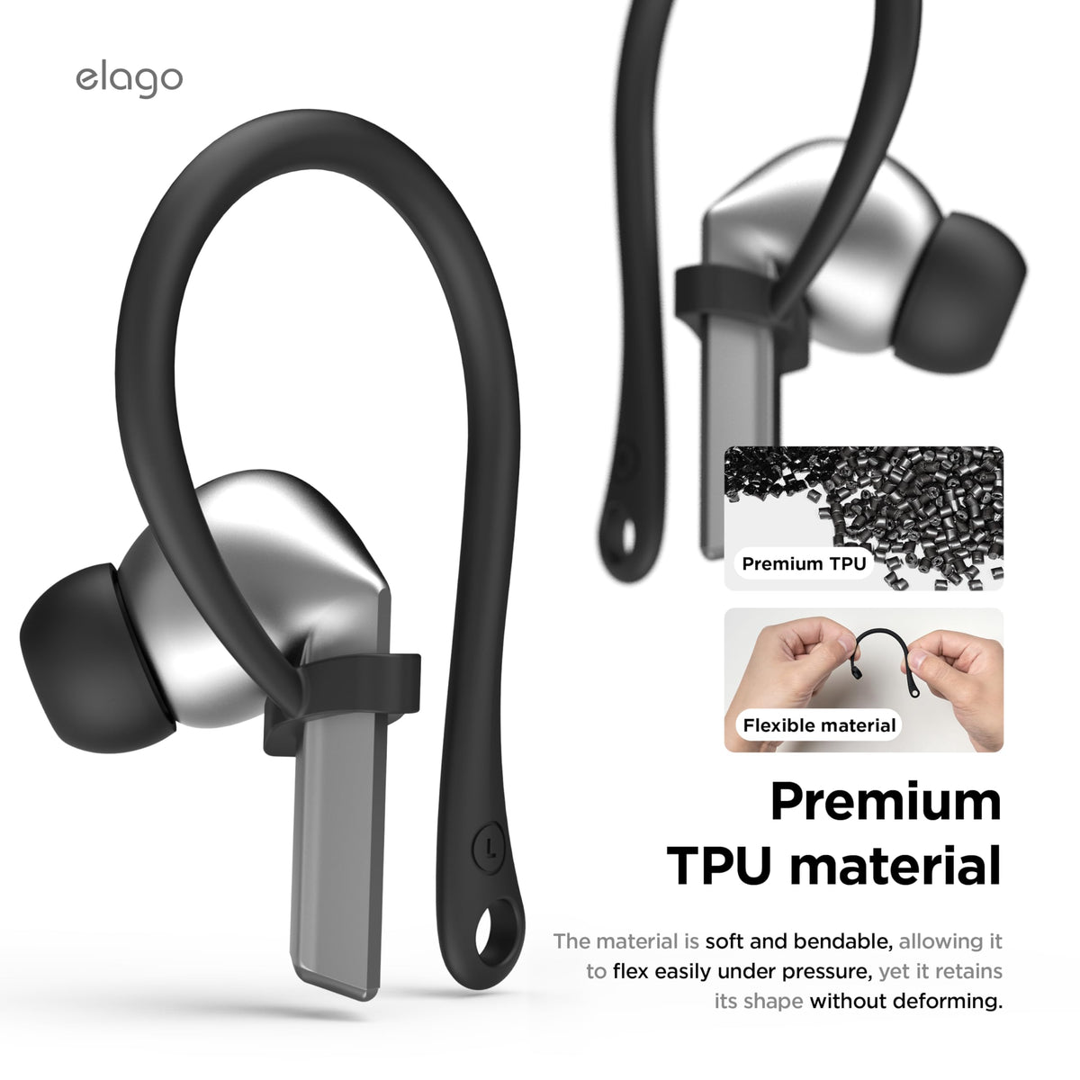 elago ear hooks attached to Galaxy Buds 3 showing compatibility and stable hold benefit no-slip