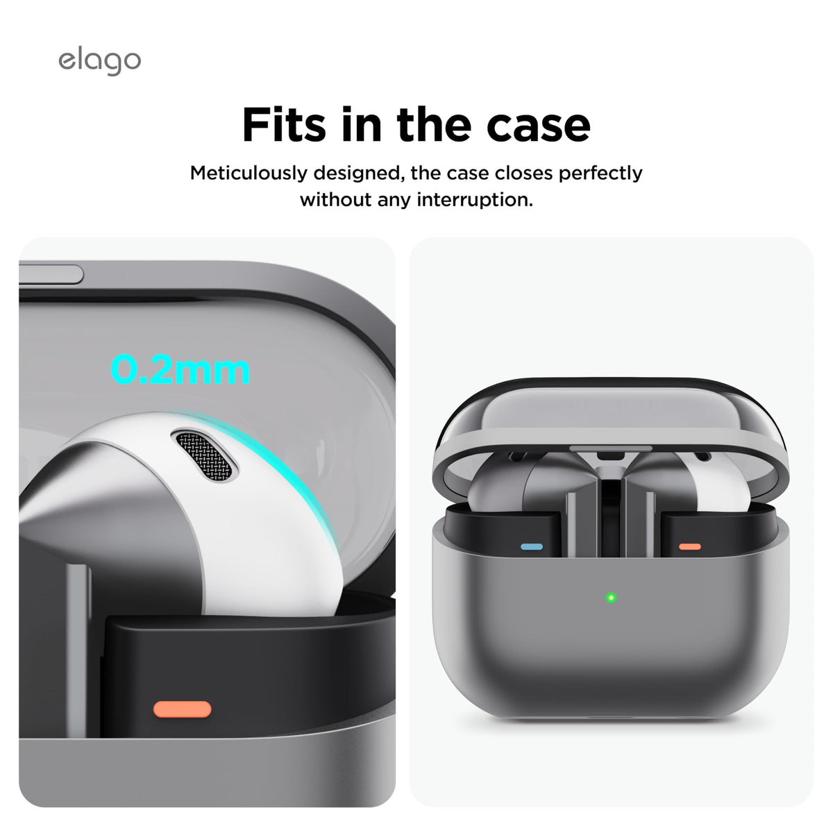 Dual-color Elago ear tips cover for Buds 3 in dark gray and white.