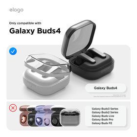 Elago Galaxy Buds 4 case in clear finish protects the charging case.