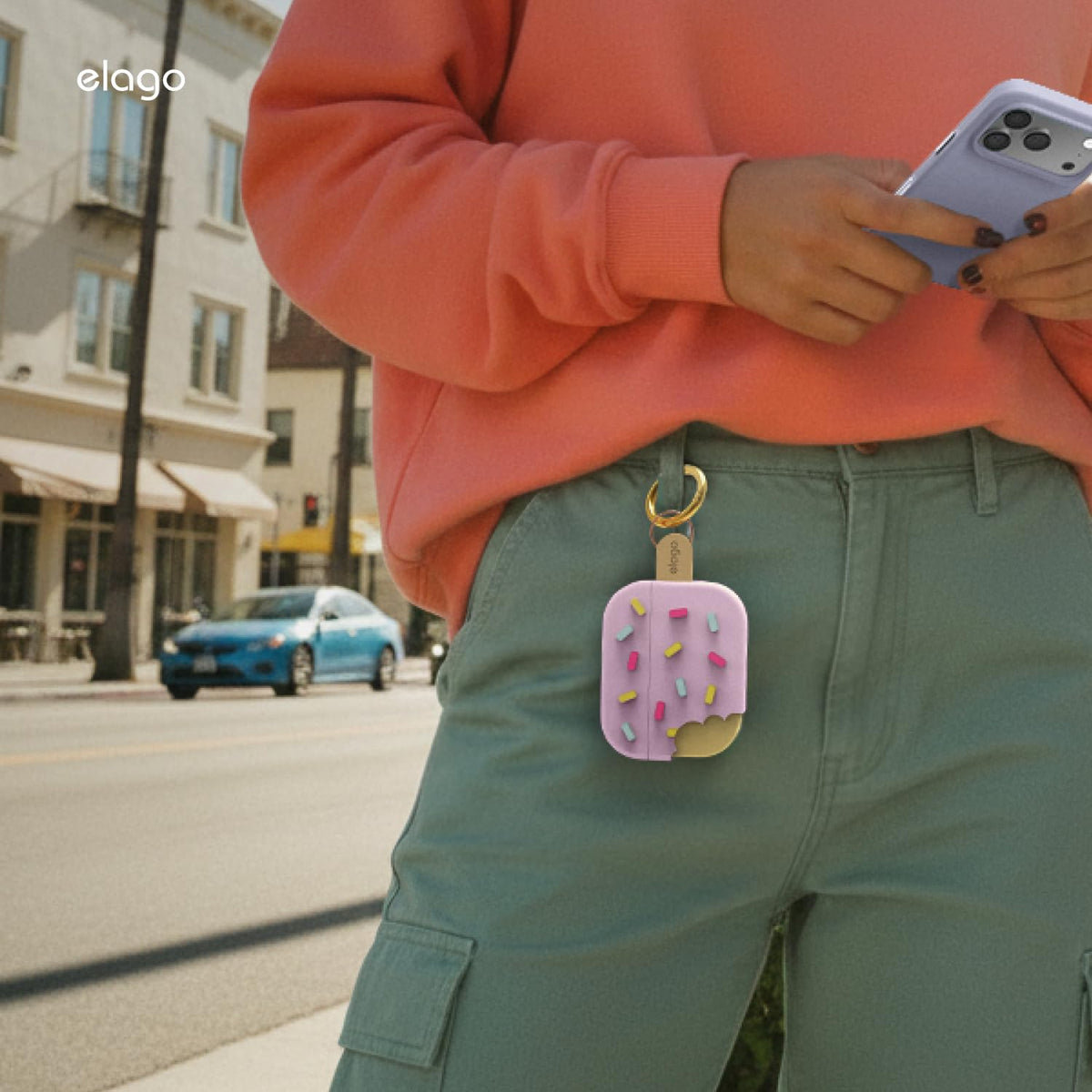 elago Ice Cream Case next to keys showing compact scale and pocket-friendly portability