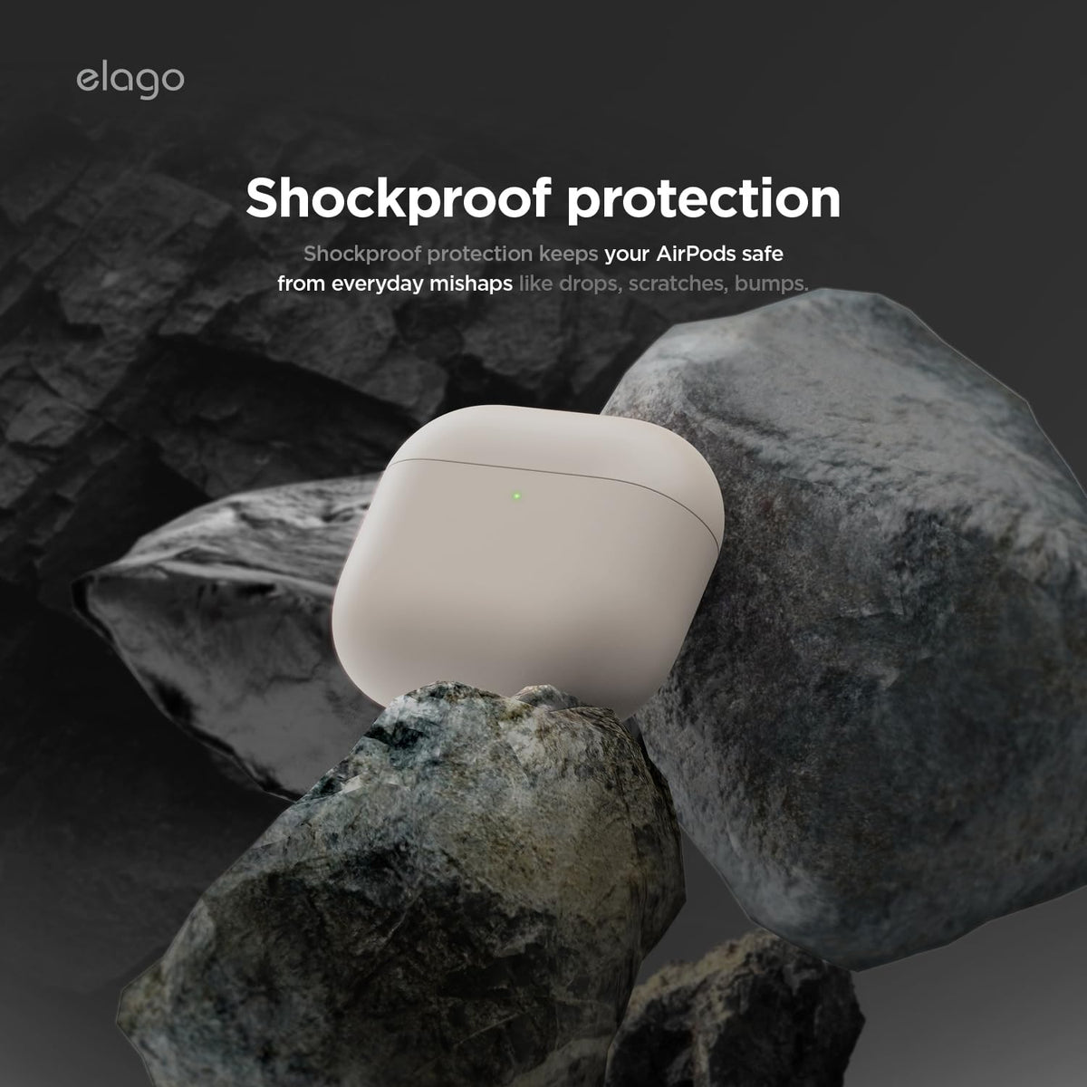 Elago Liquid Hybrid AirPods 4 Stone LED indentation highlights wireless charging compatibility.