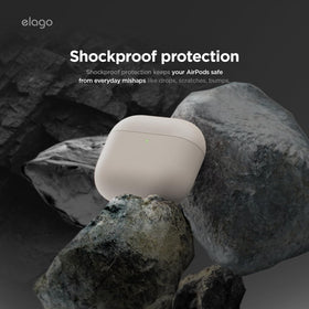 Elago Liquid Hybrid AirPods 4 Stone LED indentation highlights wireless charging compatibility.