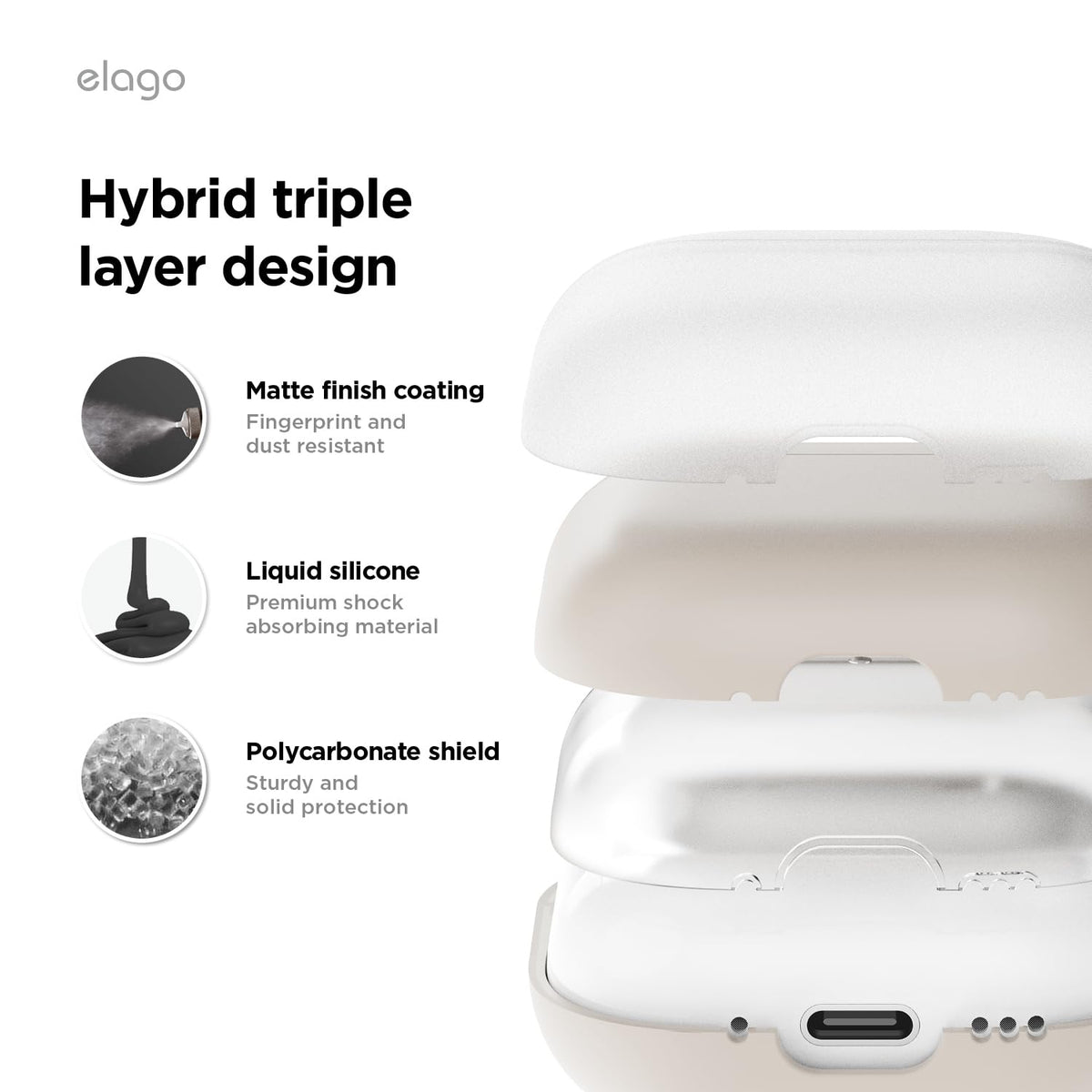 Elago Liquid Hybrid AirPods 4 Stone side profile shows slim, pocket-friendly design.