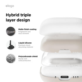 Elago Liquid Hybrid AirPods 4 Stone side profile shows slim, pocket-friendly design.