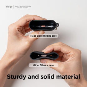 elago case next to AirPods case for scale showing slim profile benefit