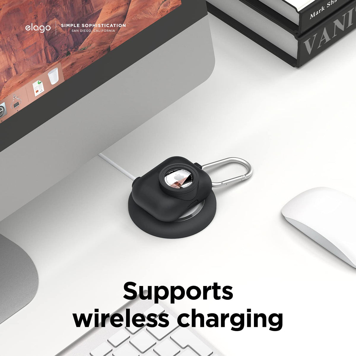 elago Snapshot open hinge showing access to AirPods Pro and charging benefit