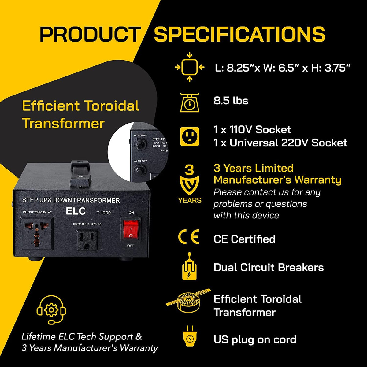 ELC T Series 1000W CE certification and warranty badge assures reliability.
