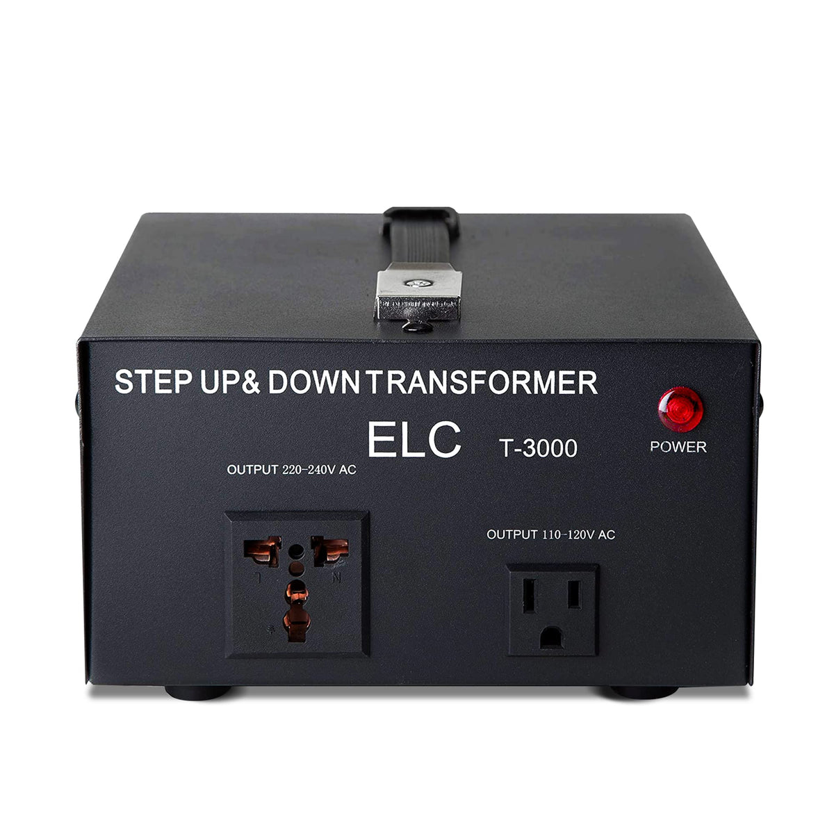 ELC T Series 3000W transformer front view, compact and silent for home voltage conversion.