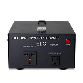 ELC T Series 3000W transformer front view, compact and silent for home voltage conversion.