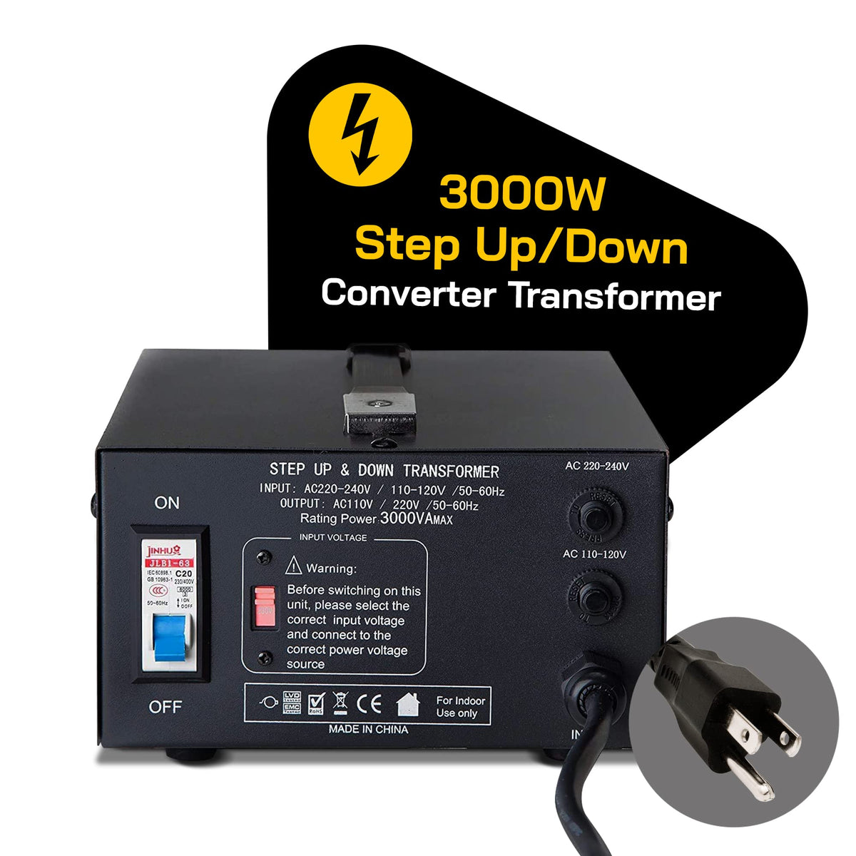ELC T Series step-up/down connection showing 110V to 220V conversion.