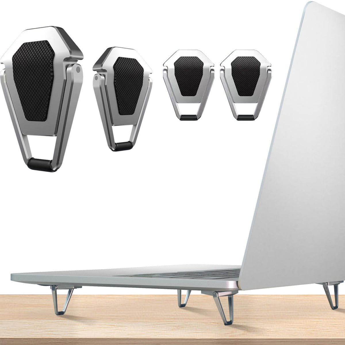 ELE DEPI front view of silver risers showing compact set and clean finish, improves portability