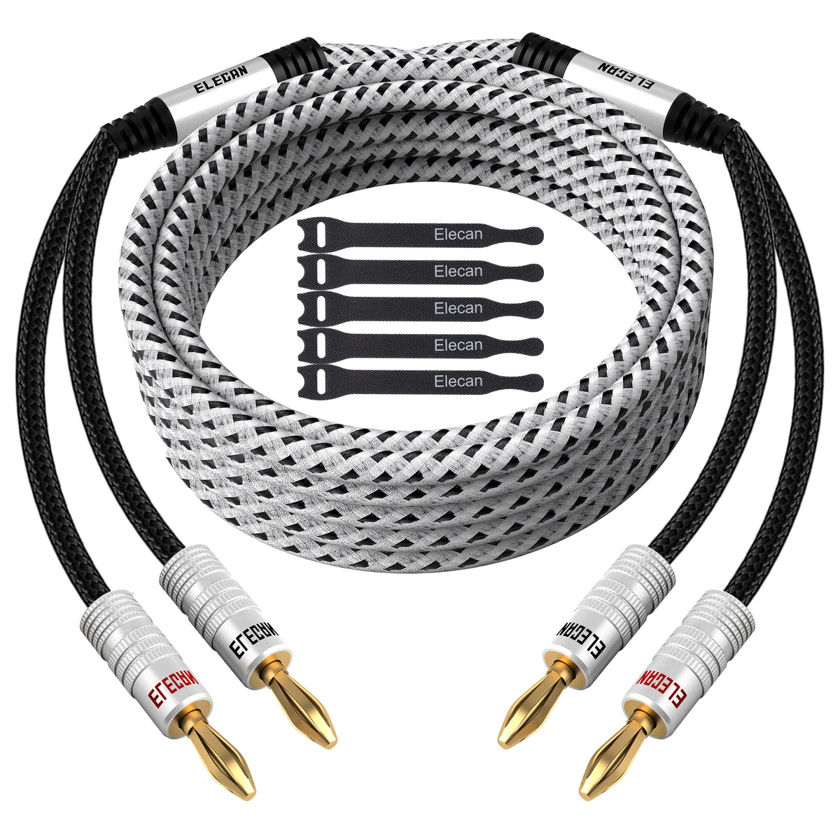 Elecan 14 AWG speaker cable with gold-plated banana plugs for clear audio signal