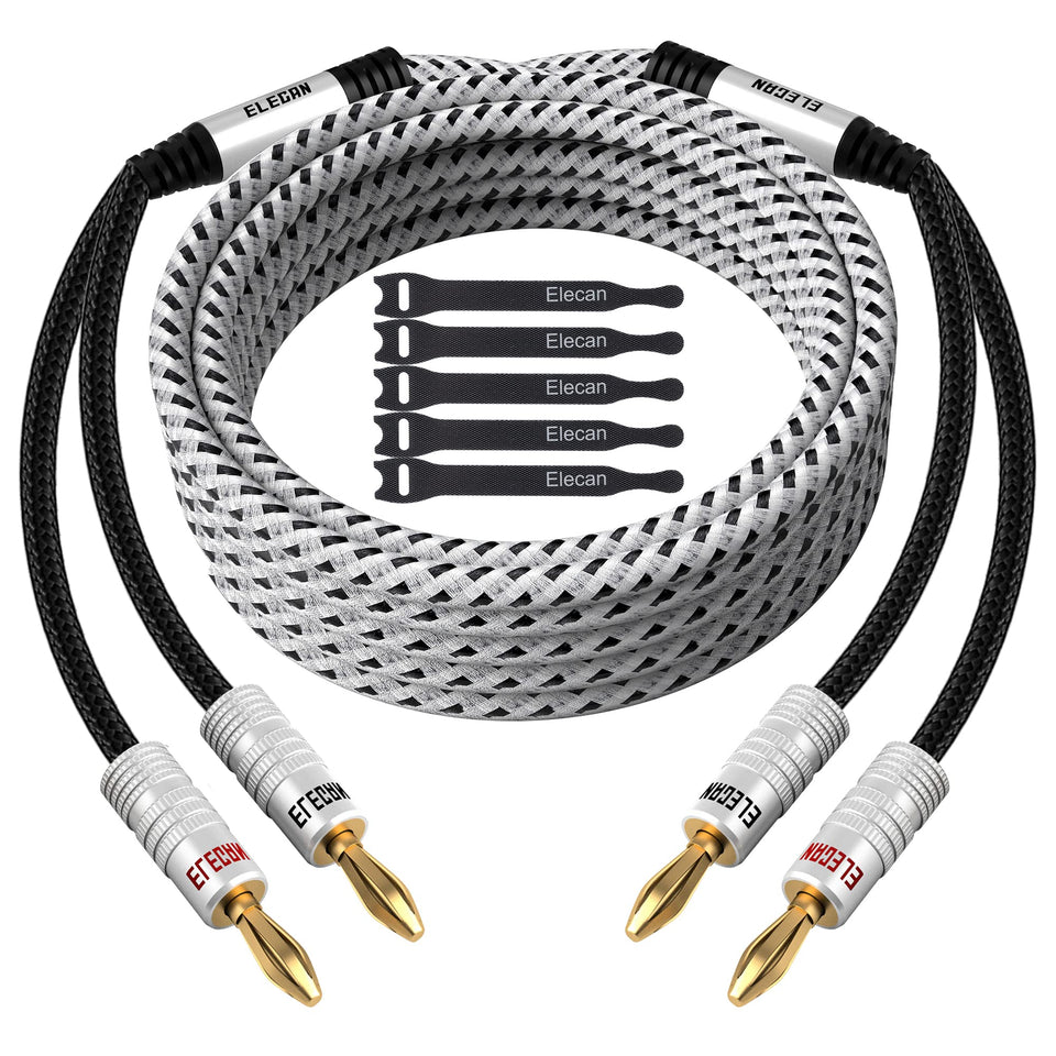 Elecan 14 AWG speaker cable in white with a durable nylon braided jacket.