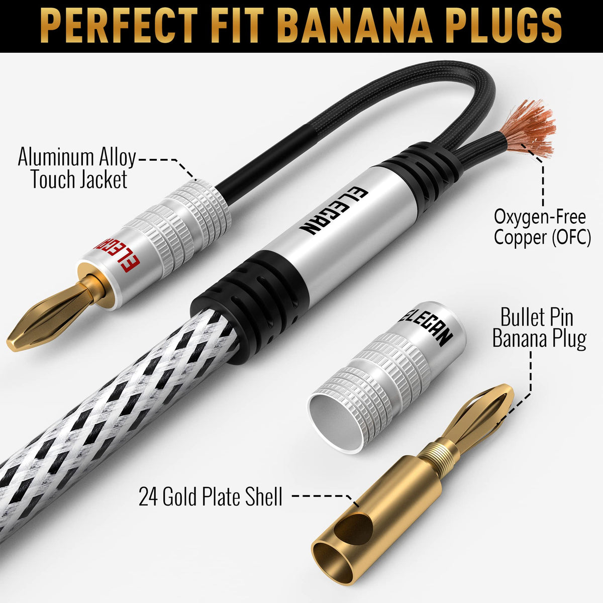 Elecan gold-plated banana plugs reduce distortion for a clean signal