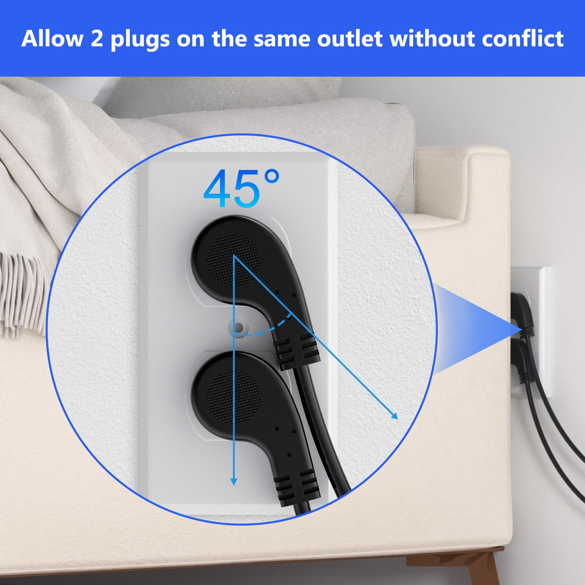 Elecan 45-degree angled plug emphasizes space-saving design behind furniture.