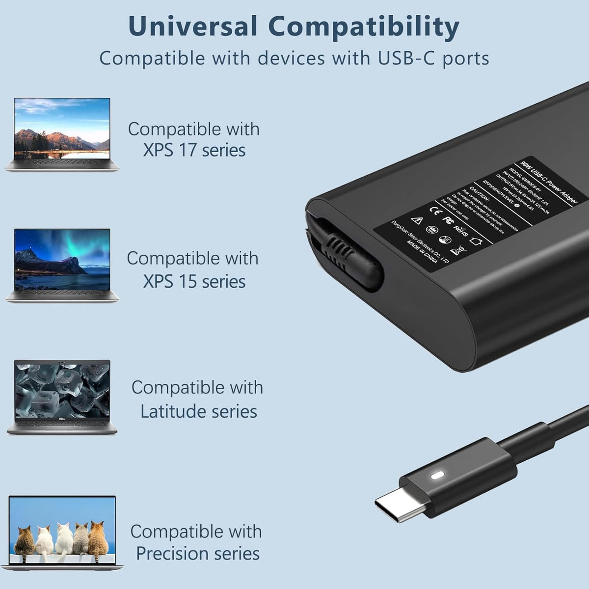 ELECBRAiN slim 90W USB-C adapter for Latitude 5420 fits multiple Dell models for travel-ready charging