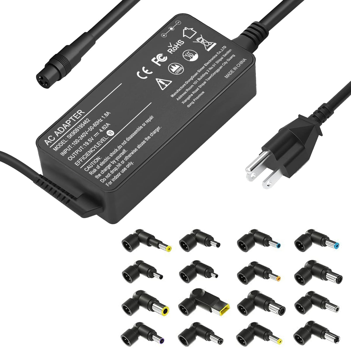 ELECBRAIN 90W universal adapter front view with 16 tips for versatile laptop compatibility.