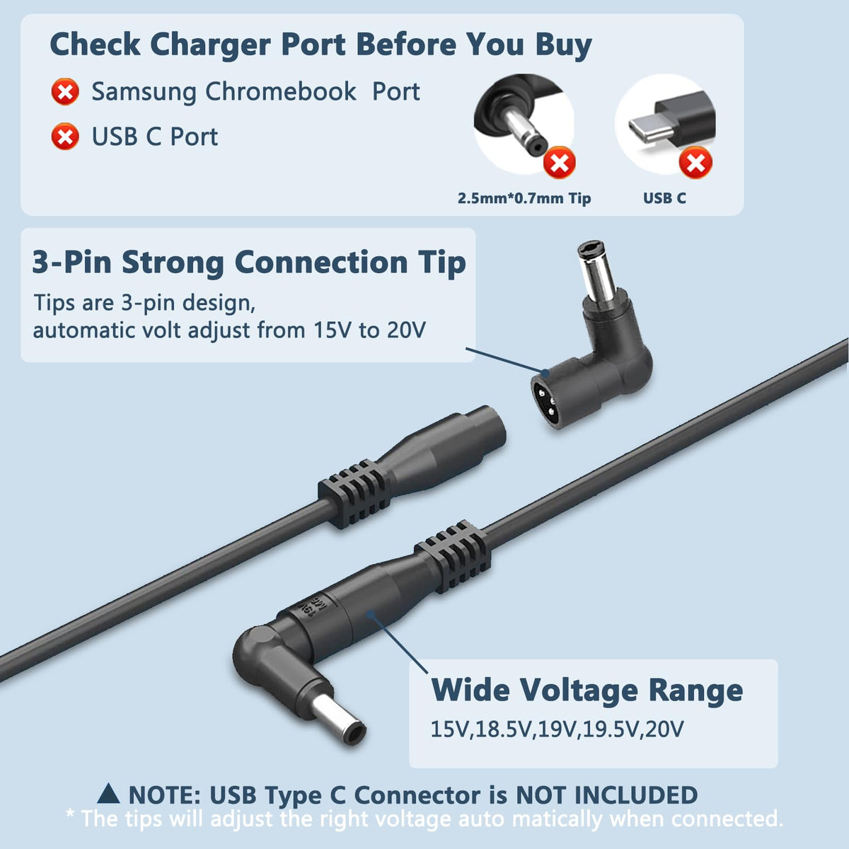 ELECBRAIN 90W adapter outputs 15-20V for various laptops.