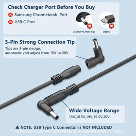 ELECBRAIN 90W adapter outputs 15-20V for various laptops.