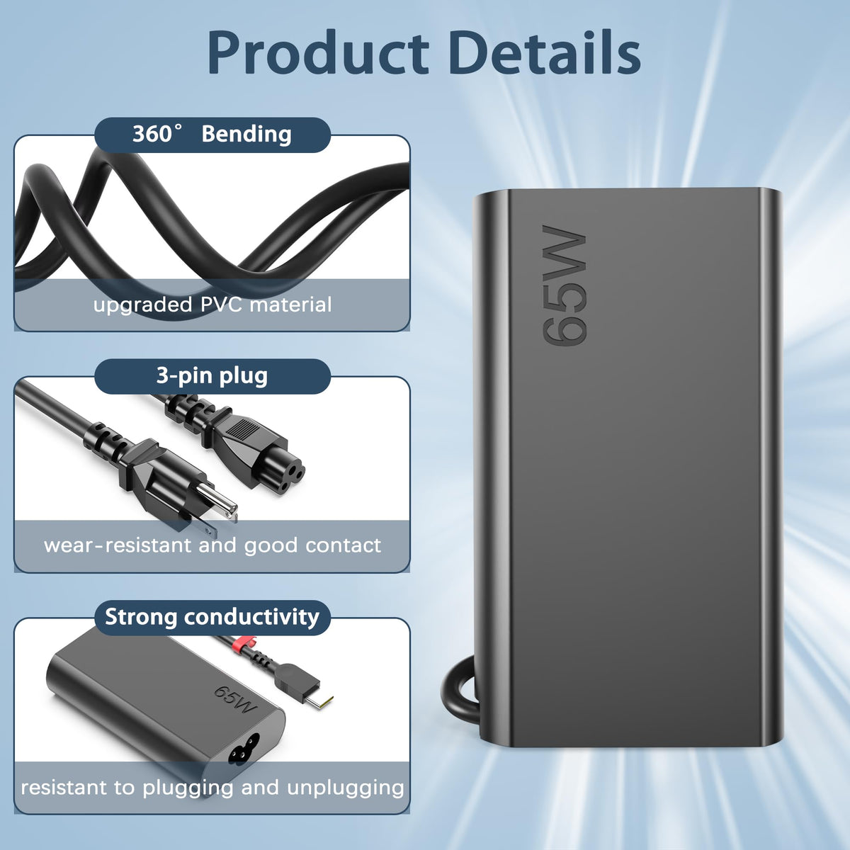 ELECBRAIN Slim 65W USB-C charger braided cable and durable construction