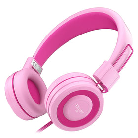 ELECDER i37 kids headphones in rose pink, foldable for easy travel.