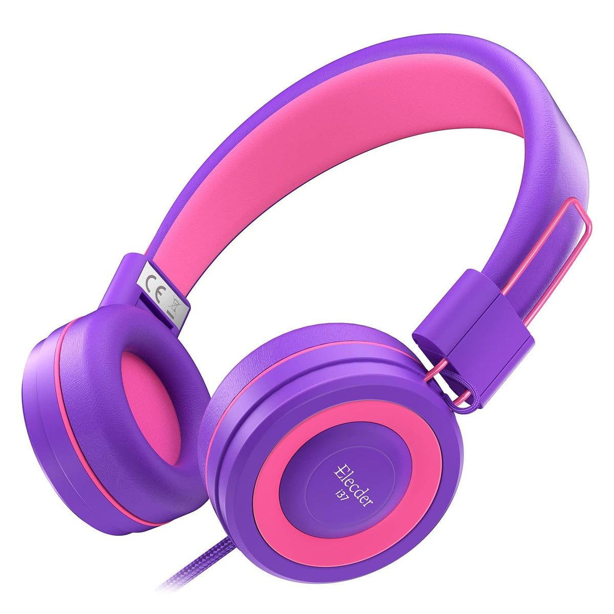 ELECDER i37 front view kids headphones in purple for classroom use.