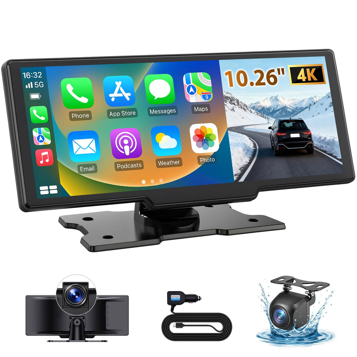 ELECROW 10-26-inch CarPlay screen front view with wireless connectivity