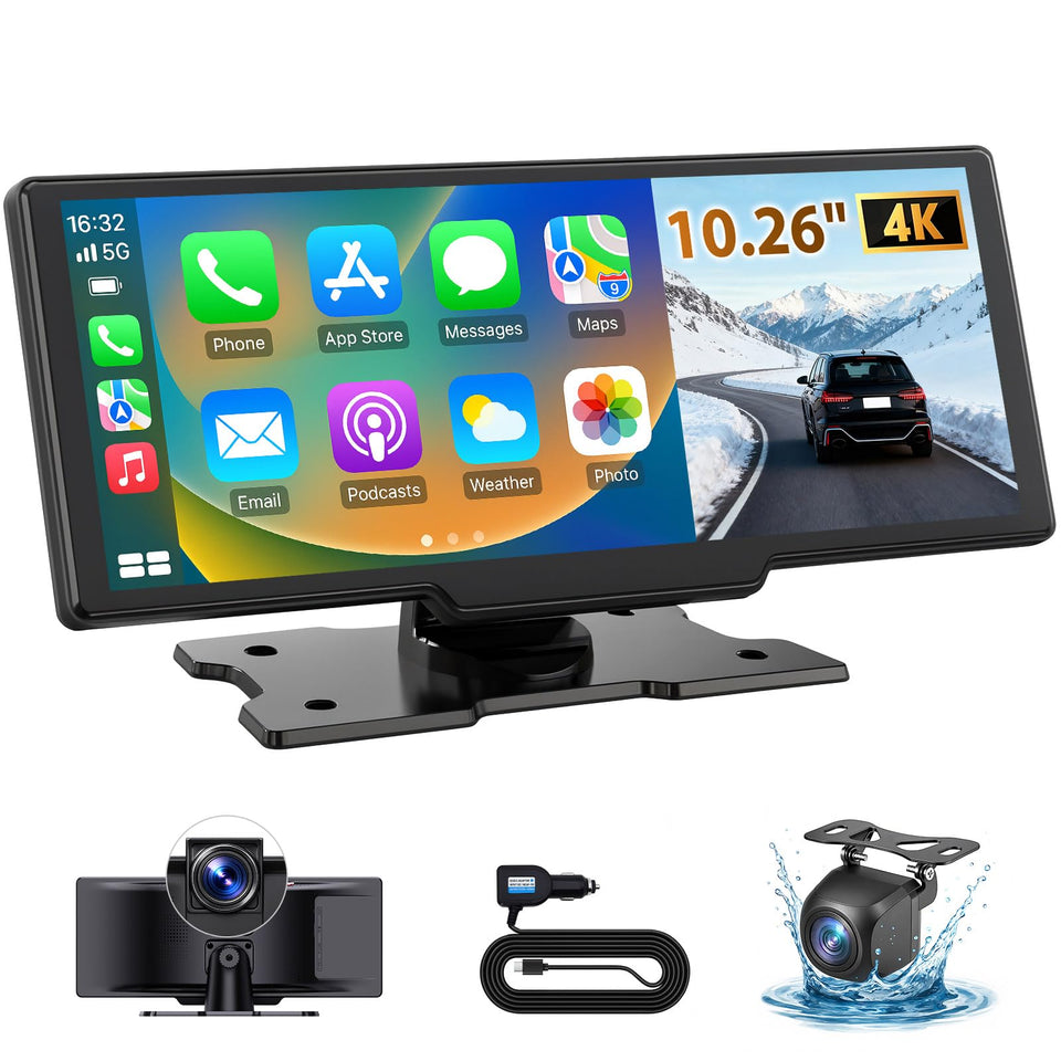 ELECROW 10-26-inch CarPlay screen front view with wireless connectivity