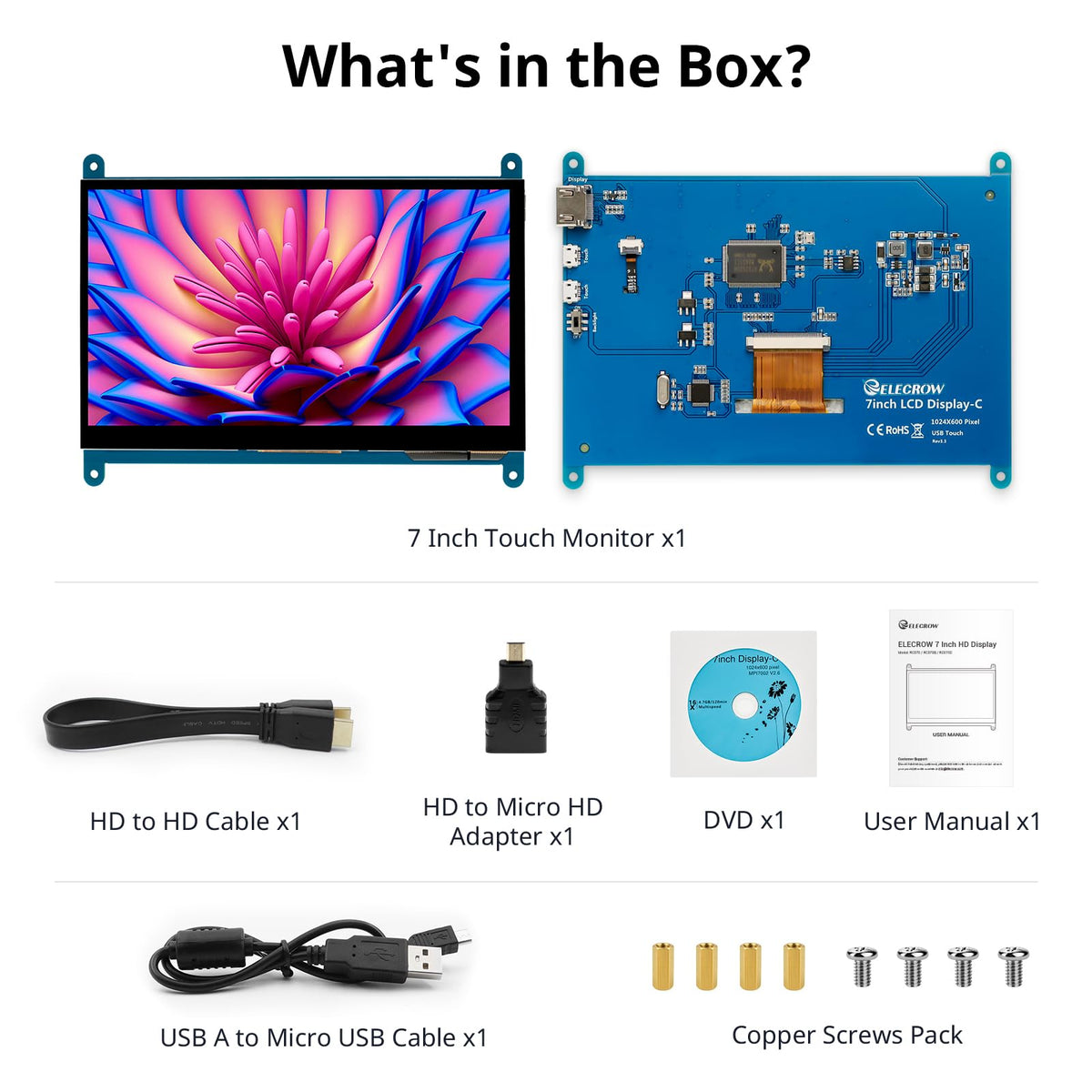 ELECROW retail box with cables showing included accessories for quick setup
