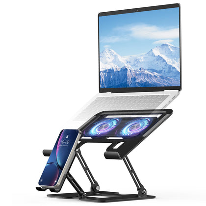 Electmagic front view showing laptop on stand for improved ergonomics and cooling