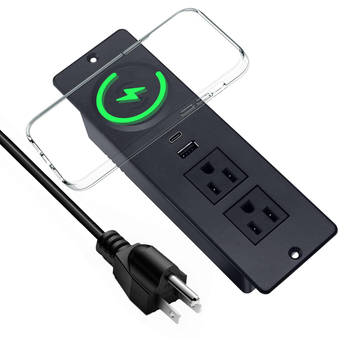 Electmagic recessed power strip with 15W wireless charger on a clean desk