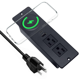 Electmagic recessed power strip with 15W wireless charger on a clean desk