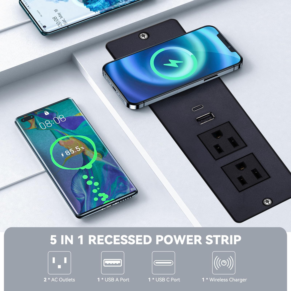 Electmagic recessed power strip showing USB-C PD 20W and USB-A 18W ports
