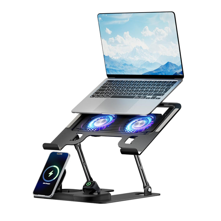 Electmagic front view of laptop stand showing charging and stability benefit
