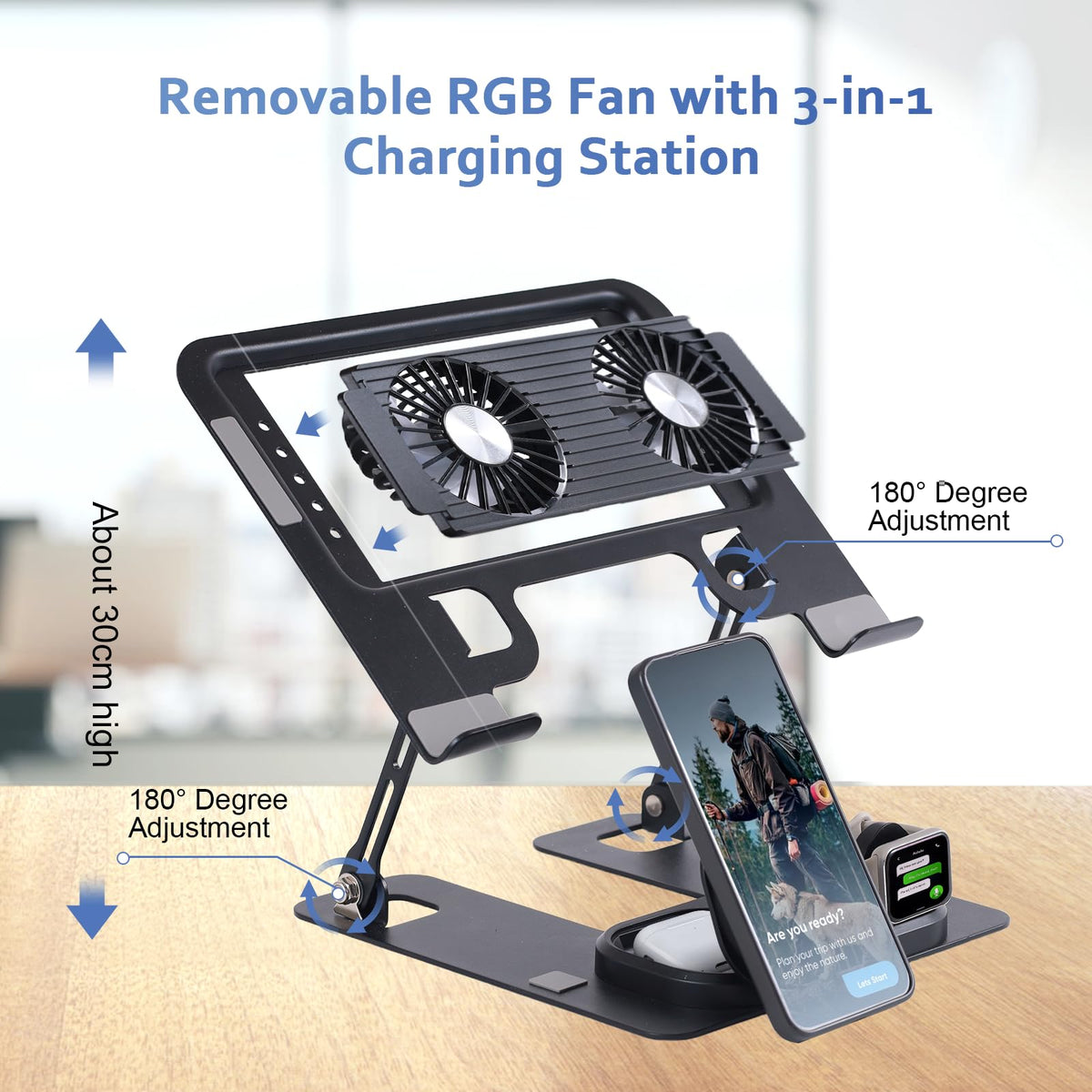 Electmagic showing 3-in-1 wireless charging station charging Apple devices benefit