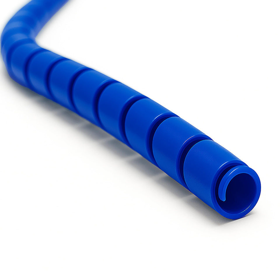 Electriduct front view of blue 1 inch spiral wrap shows neat protection benefit