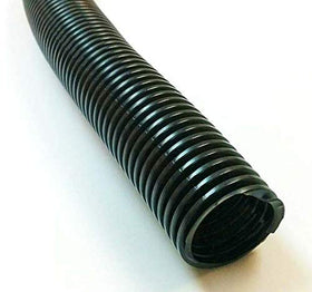 Electriduct 2.5-inch split wire loom in black, front view, concealing cluttered cables for a neat desk.