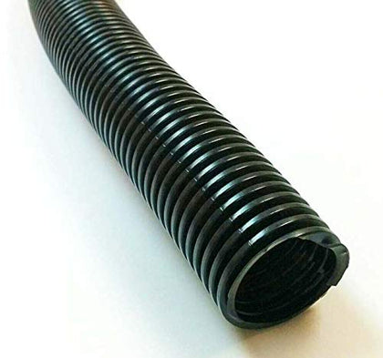 Electriduct 2.5-inch split wire loom in black, front view, concealing cluttered cables for a neat desk.