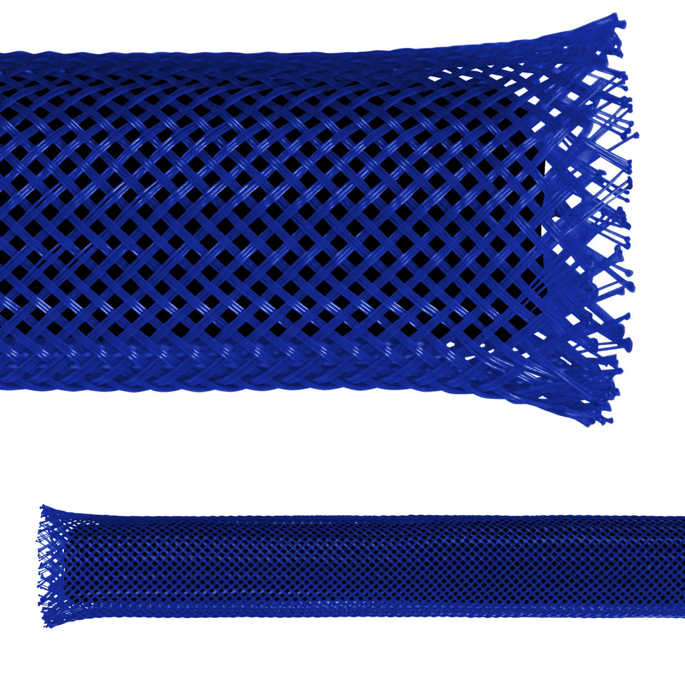 Electriduct front view of 100 ft blue sleeving showing spool and label, tidy cable management