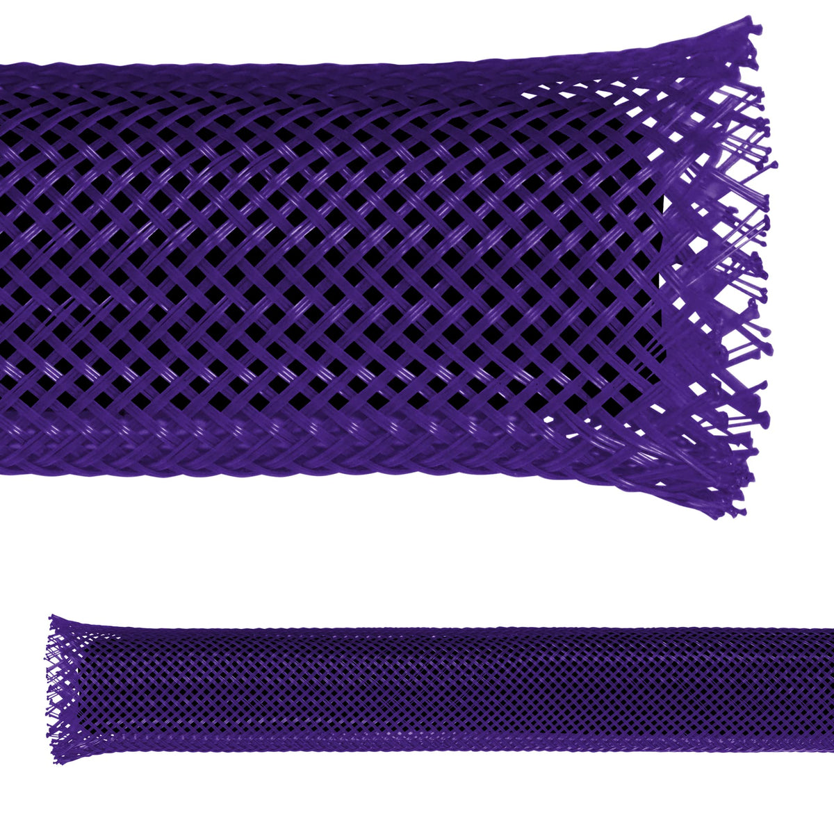 Electriduct half-inch PET expandable braid sleeving in purple close-up for durable cable protection and neat organization