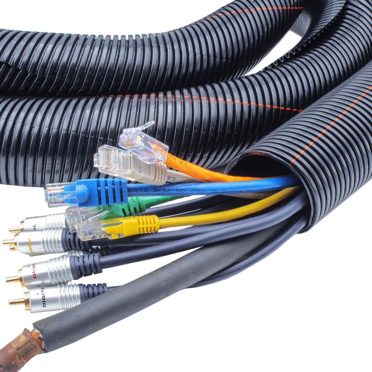 Electriduct nylon split tubing close-up demonstrates flexible protection for outdoor wiring