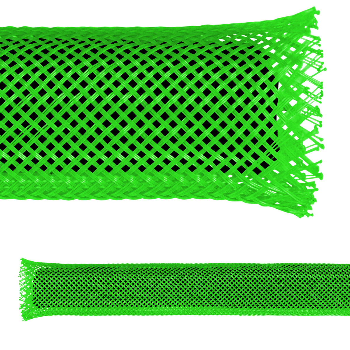 Electriduct PET expandable braid sleeving in green, 25 ft, neat and protected cables.