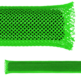Electriduct PET expandable braid sleeving in green, 25 ft, neat and protected cables.