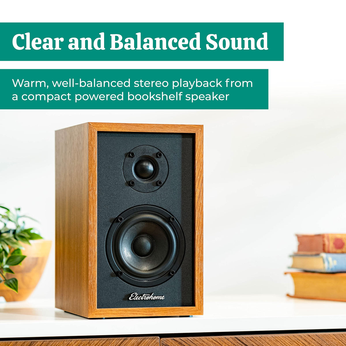Electrohome Berkeley 2.0 side profile fits compact bookshelf spaces.