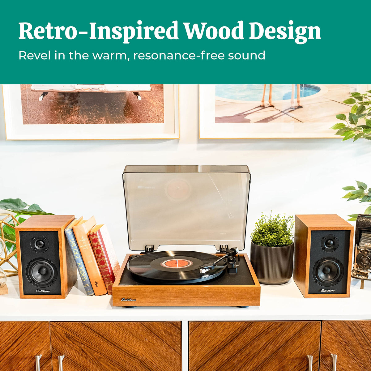 Electrohome Berkeley 2.0 wood cabinet adds warm aesthetics.