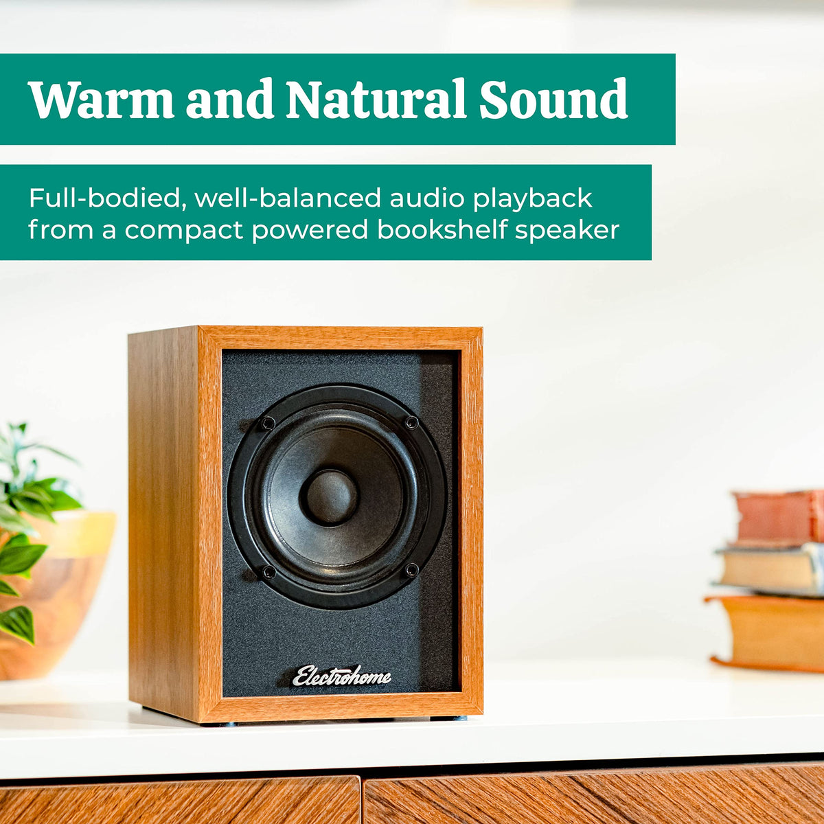 Electrohome Huntley EB10 angled wood cabinet highlighting retro finish and resonance reduction benefit