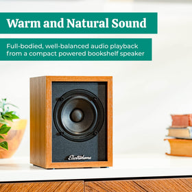 Electrohome Huntley EB10 angled wood cabinet highlighting retro finish and resonance reduction benefit