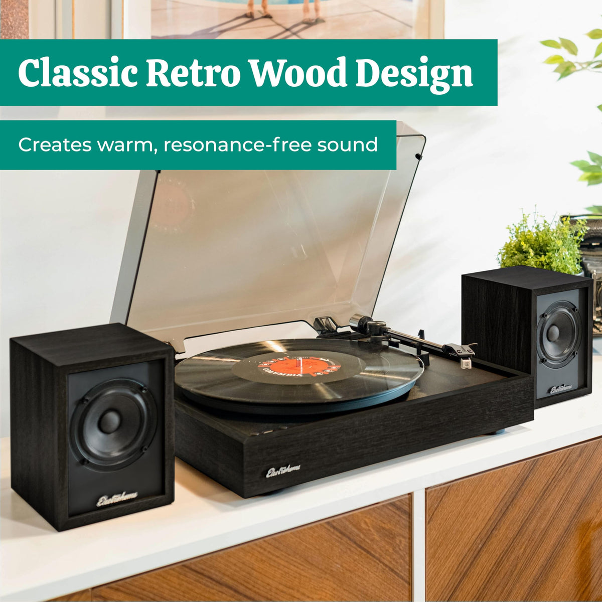 Electrohome Huntley paired with a turntable illustrating vinyl playback
